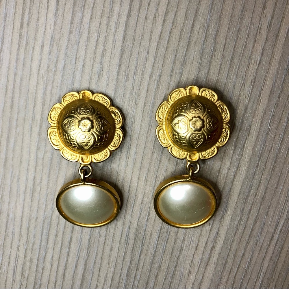 Vintage Stamped Gold and Pearl Clip On Earrings